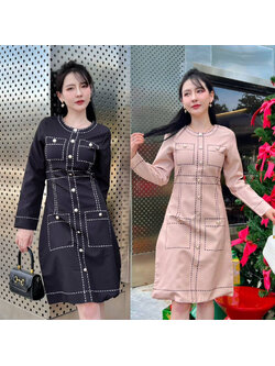 kudapy เดรสสูทอัดซัปสีดำ/สีน้ำตาล ลายเส้นกราฟฟิค แต่งกระดุมมุกหน้า หลังซิป ใส่เที่ยว