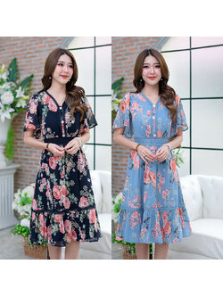 kudapy เดรสสั้นสีฟ้า/สีกรม ผ้าชิฟฟ่อนสวยหวานเป็นงานปักฉลุทั้งตัว