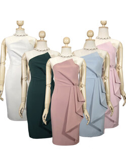 kudapy ชุดราตรีสั้นเกาะสีขาวครีม/ สีชมพู/สีเขียว/สีฟ้า เดรสสั้นเกาะอกแต่งจีบด้านหน้าอก าเครปเกาหลี แต่งระบายจีบสะโพก ทิ้งชาย เรียบแต่ปัง