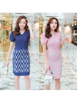 kudapy เดรสสั้นผ้าไทยพิมพ์ลายสีกรมท่า/สีชมพู เดรสสั้นใส่ทำงานแขนตุ้กตา เดรสทรงเอเข้ารูปใส่สวยมากค่ะ