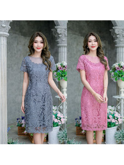 kudapy เดรสสั้นสีชมพู/สีเทา ลูกไม้เงา ทอลายสวย ใช้ลูกไม้เนื้อดีทอลายแน่น ดีไซน์ชุดเก๋แบบคว้านคอแต่งซีทรูช่วงอก