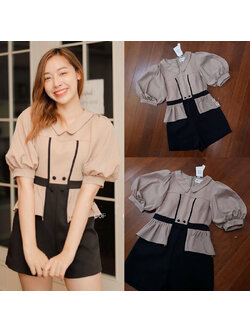 kudapy จั้มสูทกางเกงขาสั้นสีน้ำตาลอ่อน หน้าอกเสริมฟองน้ำ แพทเทินเป้ะ