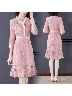 kudapy เดรสสั้นสีชมพู ผ้าลูกไม้เนื้อดี ยืดหยุ่นได้ แขนยาวสี่ส่วน