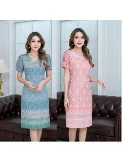 kudapy เดรสสั้นสีโทนชมพู/สีโทนฟ้าเขียว ลายไทยแขนลูกไม้ ผ้าเนื้อนุ่มลื่นนำมาพิมพ์ลาย ใส่สบายกว่าเนื้อผ้าสัมพัสผิวดีนุ่มลื่นไม่หยาบ แต่ลายสวย