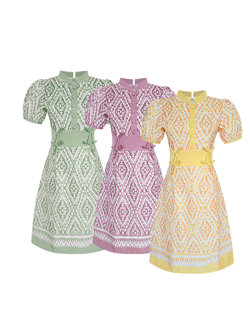 kudapy เดรสแขนตุ๊กตาเอวแต่งโบว์คู่