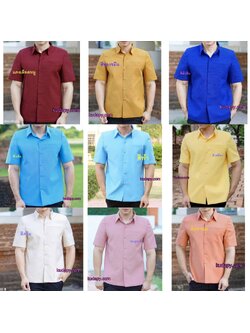 kudapy เสื้อชายผ้าไหมญี่ปุ่นผสมสีส้ม แดง ครีม ทอง ฟ้า น้ำเงิน เหลือง ชมพู เสื้อผ้าไทยผู้ชาย คอเชิ้ต ผ่าหน้า แขนสั้น มีกระเป๋าด้านซ้ายบน (อัดผ้ากาว มีฟองน้ำเสริมไหล่)