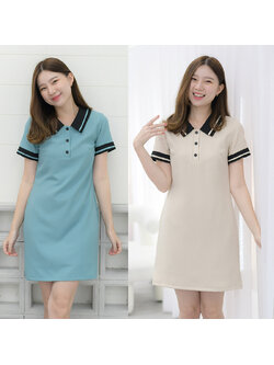 kudapy เดรสสั้นสีเบจ/สีเขียวน้ำทะเล คอปกโปโล กระดุมแกะใช้งานได้จริง ซิปหลังใส่ง่าย กุ๊นเล่นสีกลางปกและขอบแขน