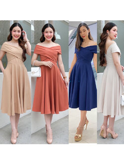 kudapy เดรสสั้นสีครีม/สีคาราเมล/สีกรม/สีชาไทย เปิดบ่าไขว้อกใหญ่ ซิปหลังยาว ผ้าเครปเกาหลี กระโปรงบาน พริ้วๆ แบบไม่หวงผ้าเลย