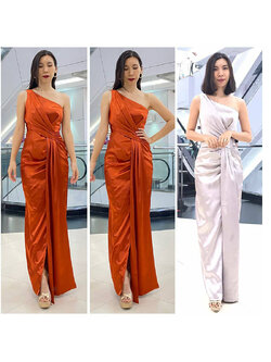 kudapy เดรสยาวสีส้มอิฐ/สีเทา บ่าเดี่ยว จับเดรปจีบช่วงเอว ทรงกรีกงามๆ จัดเดรปผ้าช่วงเอวทิ้งตัวสวย sexy เรียบหรู ผู้ดีสุดๆ