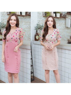 kudapy เดรสสั้นสีชมพู/ครีม ลายตาข่ายสวยดูดีน่ารักมากๆ