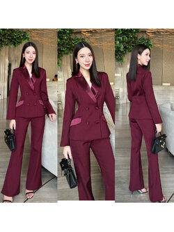 kudapy set เสื้อเบเซอร์และกางเกงขายาว เรียบหรู เสื้อสูทแต่งปกผ้าเงาให้ดูเด่น ออกแบบกระเป๋าให้ใช้งานได้จริง ตัวกระดุมใช้ผ้าเดียวกับปกเสื้อ