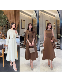 kudapy เซ็ท 3 ชิ้น เดรสออกมาให้เข้ารูปเอวสูง มีฟองน้ำในตัว ซิปด้านหลัง เสื้อครอปสวยหรูด้วยการตกแต่งไข่มุก มีตะขอติดเสื้อให้ ครอปมีรองบ่าบางๆ