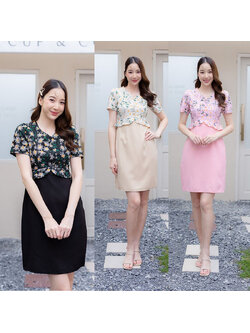 kudapy เดรสสั้นสีชมพู/สีดำ/สีครีม เดรสกั๊กท่อนบนปักดอกเดซี่ ใส่สบาย สวยดูดีน่ารัก