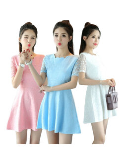 kudapy มินิเดรสสั้นคอกลมสีฟ้า/สีขาว/สีชมพู คอกลมแต่งหยัก แขนซีทรู ผ้าพริ้วมากค่ะรุ่นนี้