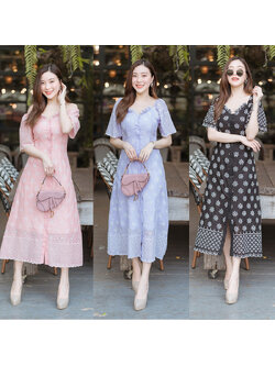 kudapy เดรสยาวสีม่วง/สีดำ/สีชมพู อกระบายกระดุมหน้ายาวลายดอกไม้