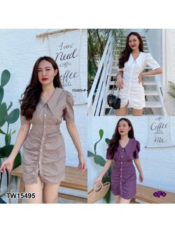 kudapy เดรสสั้นสีขาว/สีน้ำตาล/สีม่วง คอปกกระดุมหน้า แขนสั้น สีพื้นผ้าซาร่า กระเย็บจีบย่น ทรงสวย