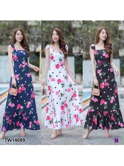 kudapy เดรสยาวสีขาว/สีดำ สายเดี่ยวติดโบว์ เพิ่มความเกร๋สวยหรู ตัวเดรสตัดต่อชายระบายด้านล่าง มีซัปใน