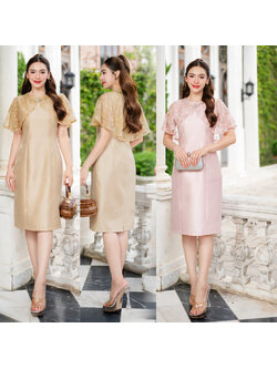 kudapy เดรสผ้าไหมญี่ปุ่นคอกลม แต่งแขนระบายลูกไม้ปักกริสเตอร์ ช่วงคอและแขน กระโปรงทรงสอบผ่าหลัง