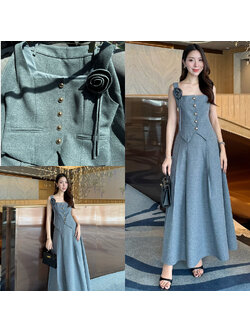 kudapy Set 3 ชิ้น : เสื้อแขนกุด+กระโปรง+เข็มกลัดดอกไม้ เซ็ทเสื้อแขนกุดมาพร้อมกระโปรงยาวทรงปล่อย เสื้อเป็นกระดุมจริง ตกแต่งกระเป๋าหลอกด้านหน้าซ้ายขวา