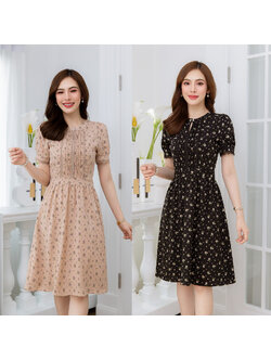 kudapy เดรสสั้นสีเบจน้ำตาล/สีดำ ลายดอก มีดีเทลช่วงอกตีเกล็ดและแต่งลูกไม้ ปลายแขนแต่งลูกไม้รอบ