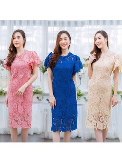 kudapy เดรสสั้นไปงานลูกไม้แขนระบาย เดรสสั้นสีชมพูพาสเทล/สีครีมทอง/น้ำเงิน ใส่ออกงานผ้าลูกไม้ปักเลื่อม ซับในอย่างดีเก็บทรงเอเข้ารูป