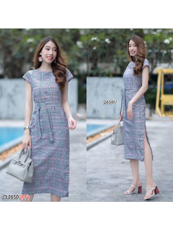 kudapy เดรสยาวสีเทา ทรงแขนล้ำ ผ่าด้านข้าง 1 ข้างงานซิปซ่อนด้านหลัง มีโบว์แยก 1 เส้นงานผ้าคอตตอลทอ