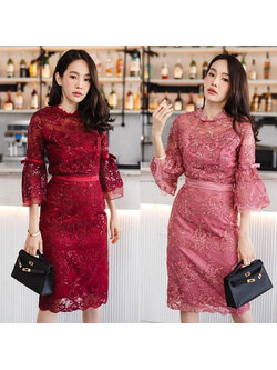 kudapy ชุดไทยประยุกต์ ชุดไปงานบวชสีชมพู/สีแดง เซตเสื้อลูกไม้