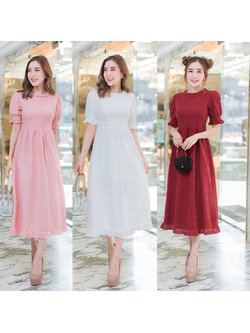 kudapy เดรสยาวสีขาว/สีชมพู/สีแดง ลูกไม้ฉลุแขนตุ๊กตา ใส่ออกงนสวยดูดี