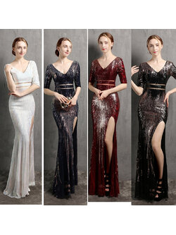 kudapy เดรสยาวสีกรม/สีแดง/สีขาว/สีน้ำตาล ออกงาน เนื้อผ้าปักเลื่อมไล่สีสวยงามทั้งตัว เนื้อผ้ายืดตามตัวใส่สวย เรียบหรู