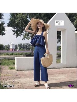 kudapy Set 2 ชิ้น ยีนส์ ไปทะเล ใส่หน้าร้อน เสื้อครอปแต่งสมอคสายไขว้หลัง+กางเกงหกส่วน