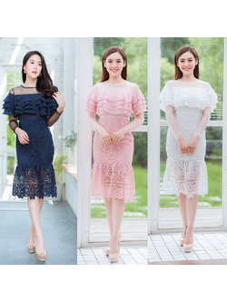 kudapy เดรสสั้รสีชมพู/สีกรม/สีขาว ลูกไม้อกชีฟอง4ชั้นใส่สวยดูดี