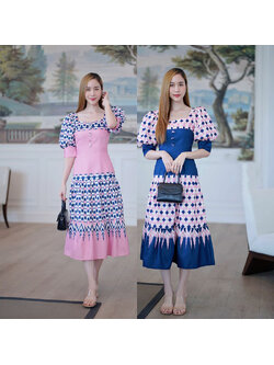 kudapy เดรสยาวสีกรม/สีชมพู คอเหลี่ยมกระดุมหน้าชายระบายลายไทย