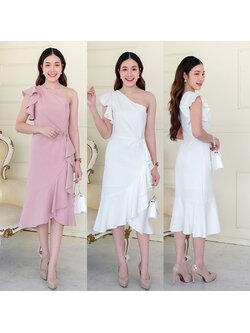 kudapy เดรสสั้นสีขาว/สีชมพูอ่อน จีบบ่า+จีบผ้าช่วงแขน กระโปรงหางปลาหวานๆ พริ้วสวย เนื้อผ้าเปเป้ ยืดนิดๆ เรียบหรู