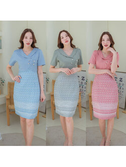 kudapy เดรสสั้นสีฟ้า/สีชมพุ/สีเขียว กั๊กผ้าไทยลายขอ+แต่งกระดุมมุก 4 ชิ้น