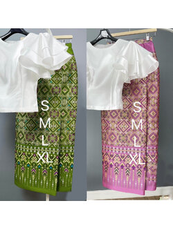 kudapy เซตเสื้อไหมแก้วสีขาว+ผ้าถุงทอลายไทยสีเขียว,สีชมพู ชุดผ้าไทยใส่ไปงานแต่ง งานบวช แมทได้กับเสื้อทุกแบบค่ะ สั่งยแยกชิ้น หรือสั่งทั้งชุดได้ค่ะ