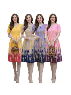 kudapy ชุดเดรสผ้าโพลีแบบทองานพิมพ์ลายเก๋ๆ คอเหลี่ยมเนื้อผ้าไม่แข็งและไม่บาง