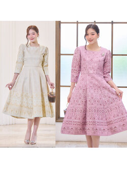 kudapy เดรสผ้าไทย เดรสทอลายผ้าไหม สีชมพู สีครีม แขนสามส่วน ผ้าอัดกาว มีซับใน ซิบหลัง
