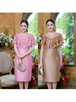 kudapy เดรสสั้นสีชมพู/สีน้ำตาลทอง ผ้าไหมคลุมไหล่เป็นผ้าปักหัวใจปักด้วยเลื่อมโทนสีเดียวกับชุดทำให้ดูวิ้งสวยเบาๆ