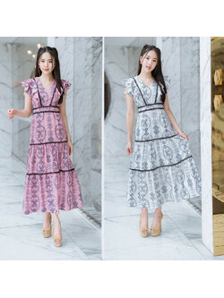 kudapy เดรสยาวสีขาว,ชมพุ .แขนระบายใส่ออกงานสวยดูดีมากๆ