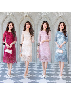 kudapy เดรสสั้นสีชมพูกะปิ/ทอง/ฟ้าอมเทา/แดง ลูกไม้แขนสี่ส่วน เนื้อผ้าเย็บปักเลื่อมเงาวิ้ง สวยมากค่ะ กระโปรงทรงเอบานชายเล็กน้อย