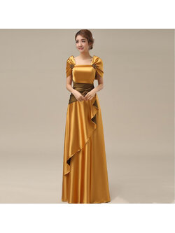 kudapy ชุดราตรียาวสีทอง ปิดไหล่ แต่งดอกกุหลาบจับจีบสวย ผ้าซาติน