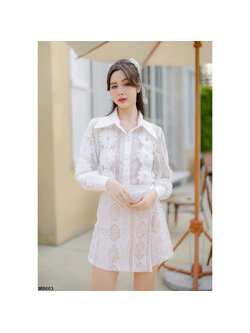 kudapy ชุดเซตผ้าถัดลายสีขาว คอปกบาน งานเนี้ยบมาก ดีเทลสวย กระโปรงมีซับใน ลูกคุณหนูสุดๆ