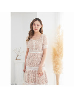 kudapy เดรสยาวสีครีม ลูกไม้ออกงานแขนตุ๊กตาV2 ใส่สบายสวยดูดี ซิปหลัง แต่งกระดุมหน้า ใส่ออกงาน