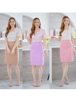 kudapy เดรสสั้นสีชมพู/สีน้ำตาล/สีม่วง กระโปรงสีพื้นเสื้อลายดอกมีกระดุมกลางอก