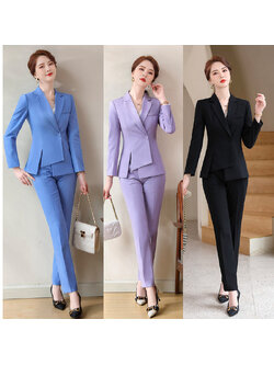 kudapy ชุดสูททำงานผู้หญิงสีฟ้า/สีม่วง/สีดำ ปกป้านแต่งกระดุมแขนยาวพร้อมกางเกง