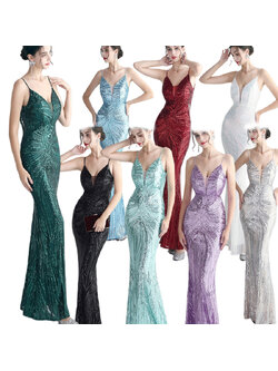 kudapy ชุดราตรียาวผ้ากริสเตอร์สายเดี่ยวคอวี โชว์หลัง สีเขียว,สีแดงเบอร์กันดี้,สีดำ,สีเงิน,สีชมพูโรสโกลด์ สีเขียวมิ้นท์ สีฟ้า ผ้าขยายได้ สวมเข้ารูป