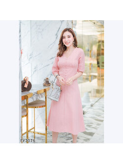 kudapy เดรสสั้นสีชมพู แขน2ส่วนกระดุมหน้าใส่แล้วสวยดูดี