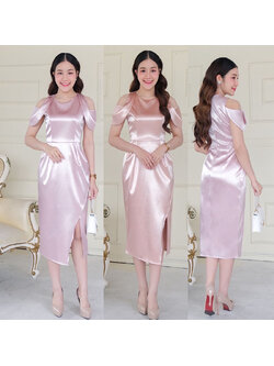 kudapy kudapy เดรสสั้นสีทองโรสโกลด์/สีชมพูพิ้งโกลด์ คอกลม แขนสั้น เว้าบ่า เกาหลีมากแม๊ คัตติ้งเริศแบบอลัง กระโปรงทรงทิวลิปผ่าข้าง