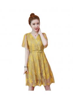 ชุดเดรสผ้าลูกไม้สีเหลือง ผ้าลูกไม้เนื้อดี