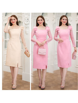 kudapy เดรสผ้าโพลีเอสเตอร์ช่วงแขนเป็นลูกไม้ ตรงบ่าแต่งโบว์ มีซับใน กระโปรงทรงเอผ่าหน้า ใส่สบาย